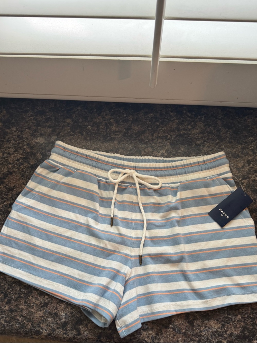Parke x Target Women’s High Rise Knit Pull-On Shorts Light Blue/Orange Striped